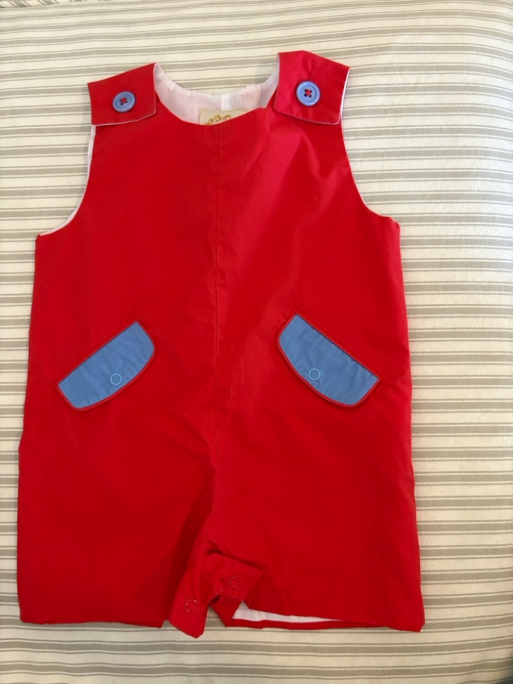 The Beaufort Bonnet Company Red Romper with Blue Pocket Accents